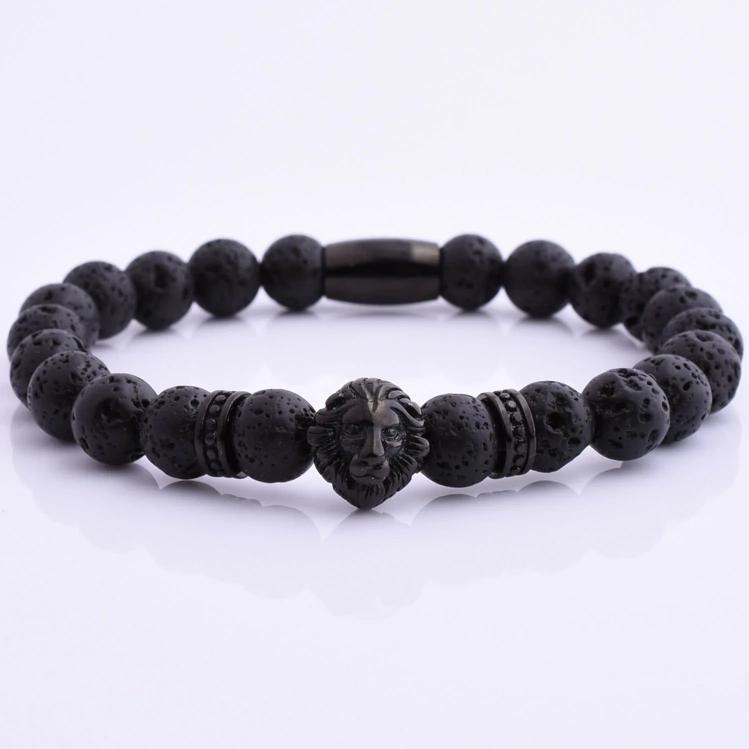 Fashion Jewelry Stretch Stone Bracelet Lava Gemstone Beads Different Color Black Lion Head Charm Popular Fashion Charm Bracelets