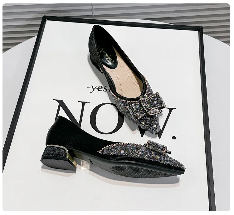 Pointed Toe Single Shoes Women's Spring New French High-end Thick Heel Rhinestone Shallow Fashion Temperament Bow Women's Shoes