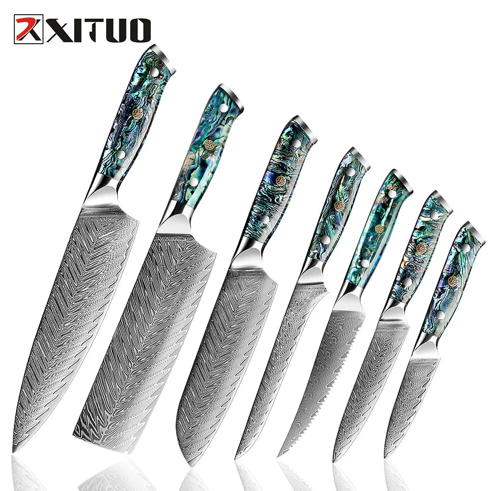 XITUO Damascus Steel Knife Set Kitchen Cooking Tools Chef Knife Japanese Santoku Boning Knife Exquisite Shell Handle