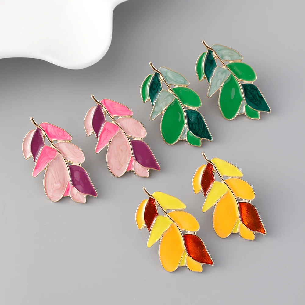 Creative Pink Green Oil Dripping Leaves Earring Colorful Enamel Leaf Dangle Earrings for Girl