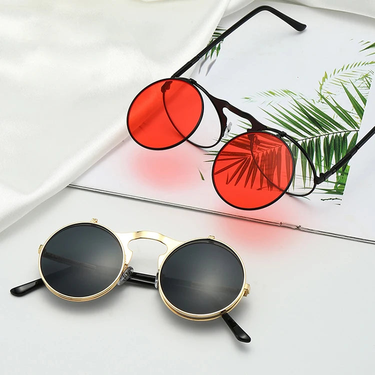 Custom Round Vintage Gothic Retro Punk Style for Man and Women Glasses Steampunk Flip up Sunglasses