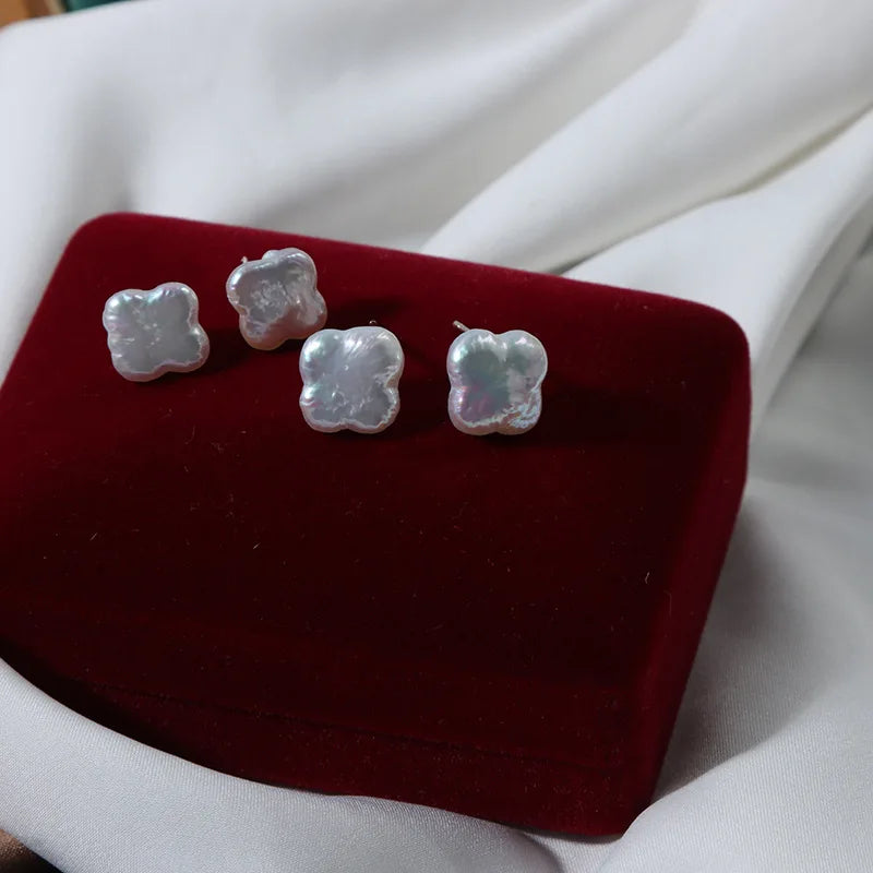 Natural Freshwater Four-Leaf Clover Baroque Pearl Earrings Silver Plated Studded Earrings Wholesale for Children