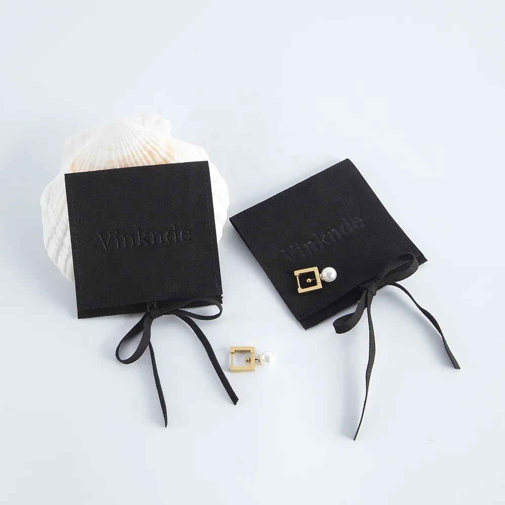 8*6cm Black Luxury Microfiber Jewelry Pouch Durable Gift Envelope Style Strings Wedding Gift Bag Customizable Size Logo Printing