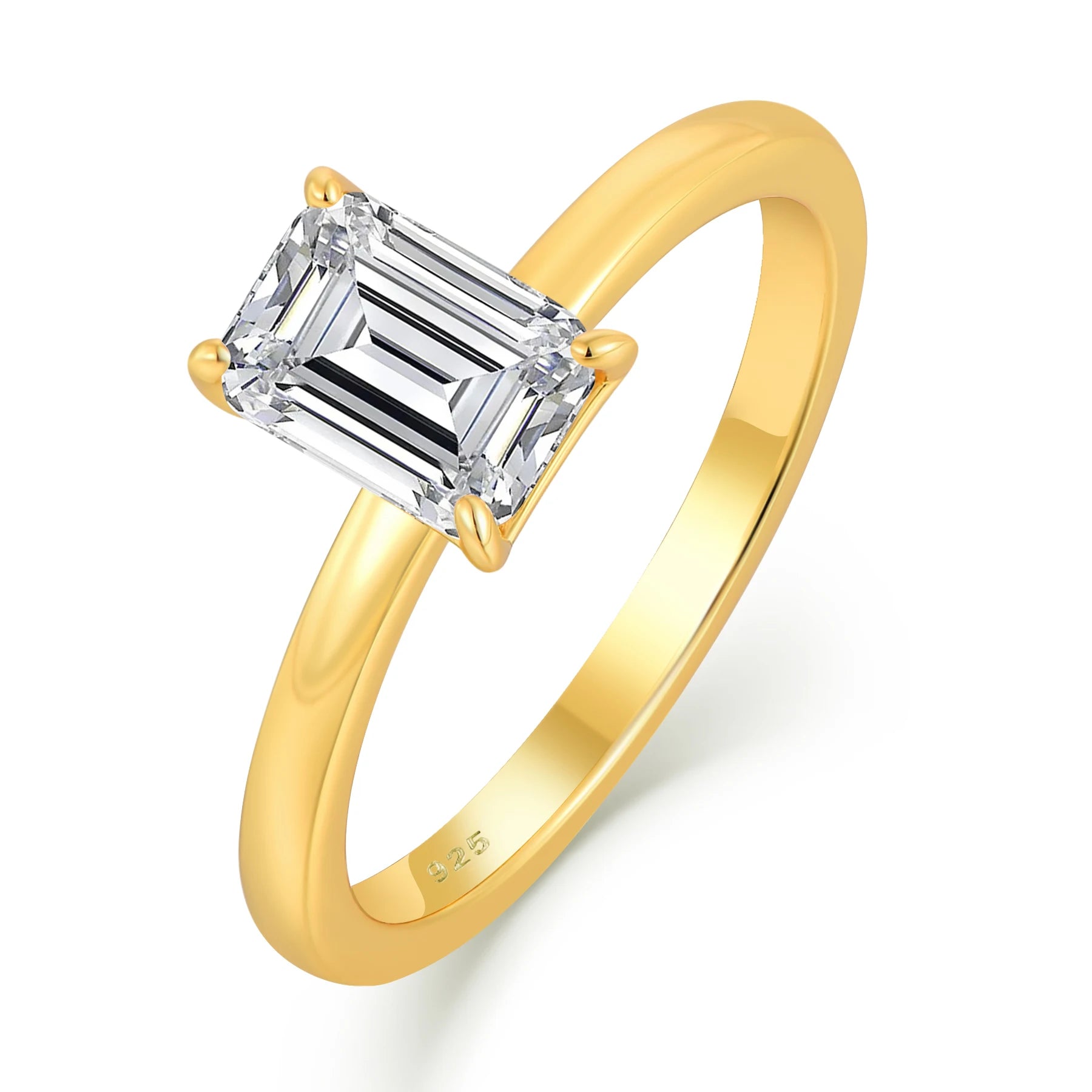 Hypoallergenic Luxury Jewelry 925 Silver Gold Plated Engagement Solitaire Ring with Emerald Cut Cubic Zircon