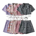 Summer New Fashion Skinny Plaid Woven Casual Crop Top Blouse for Women Short Sleeve Front Logo