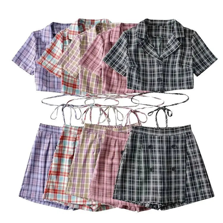 Summer New Fashion Skinny Plaid Woven Casual Crop Top Blouse for Women Short Sleeve Front Logo