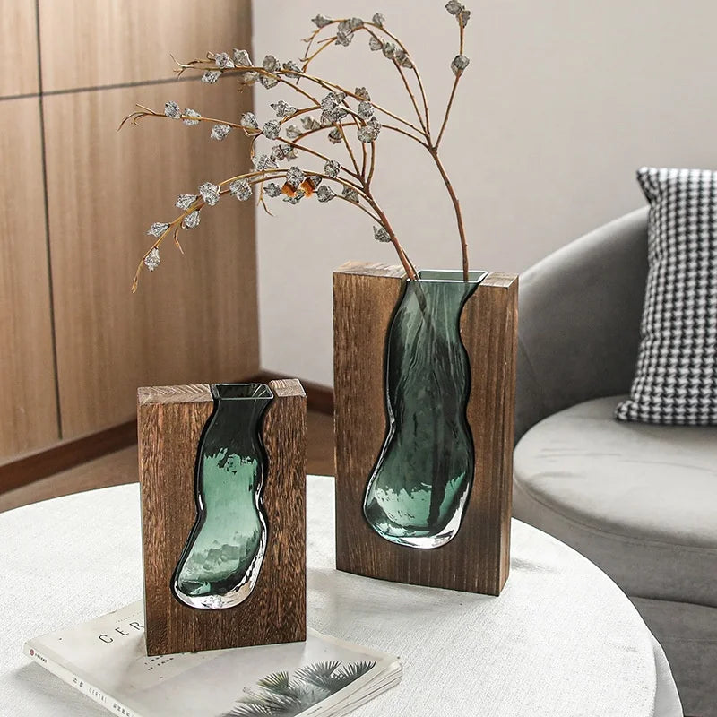 Drop Shipping Nordic Log Solid Wood Transparent Glass Vase Home Designer Decoration Home Hotel Board Glass Vase