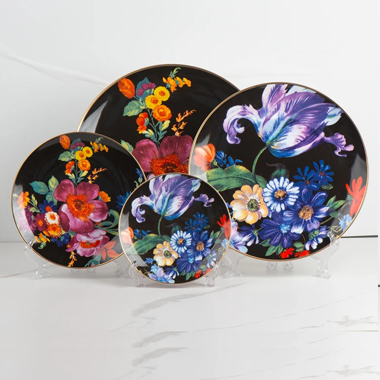 Ceramic Dinner Plates Set Factory Price New Style Dinner Set Black and Red Flower for Wedding Party