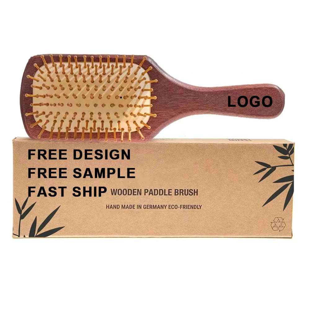 Custom Logo Air Cushion Massage Comb Hand Made Bamboo Hair Brush Wooden Paddle Brush Bristles Detangler Cleaner Comb With Box