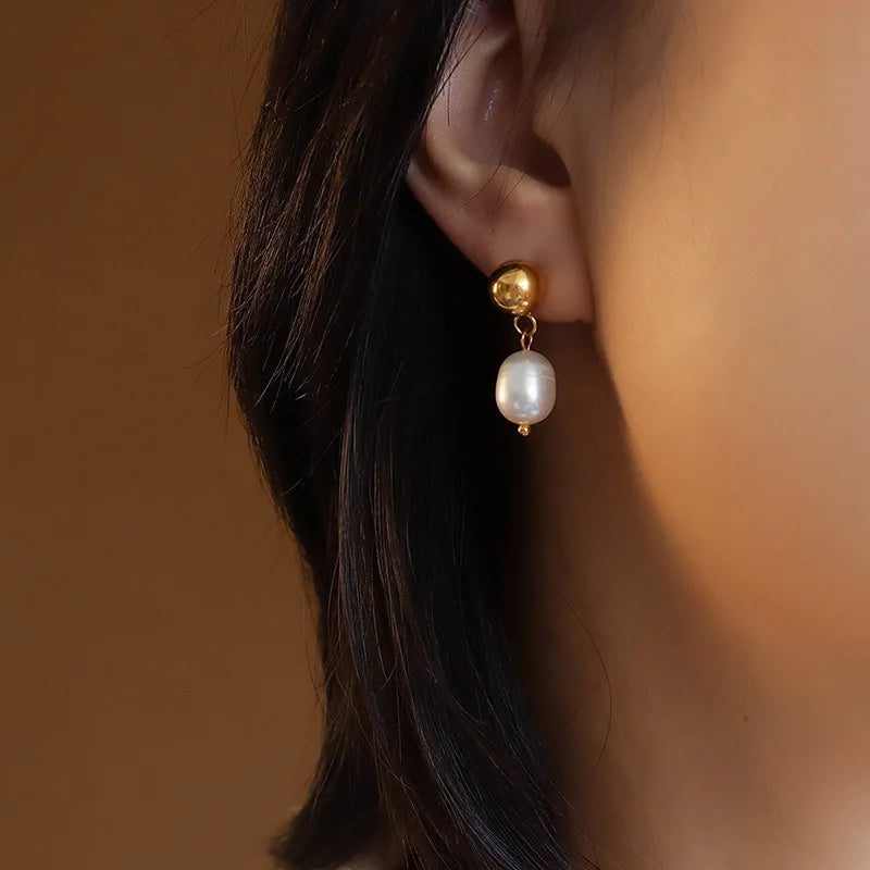 Temperament Freshwater Pearl Pendant Chunky Ball 18K Gold Plated Stainless Steel Drop Earrings Jewelry