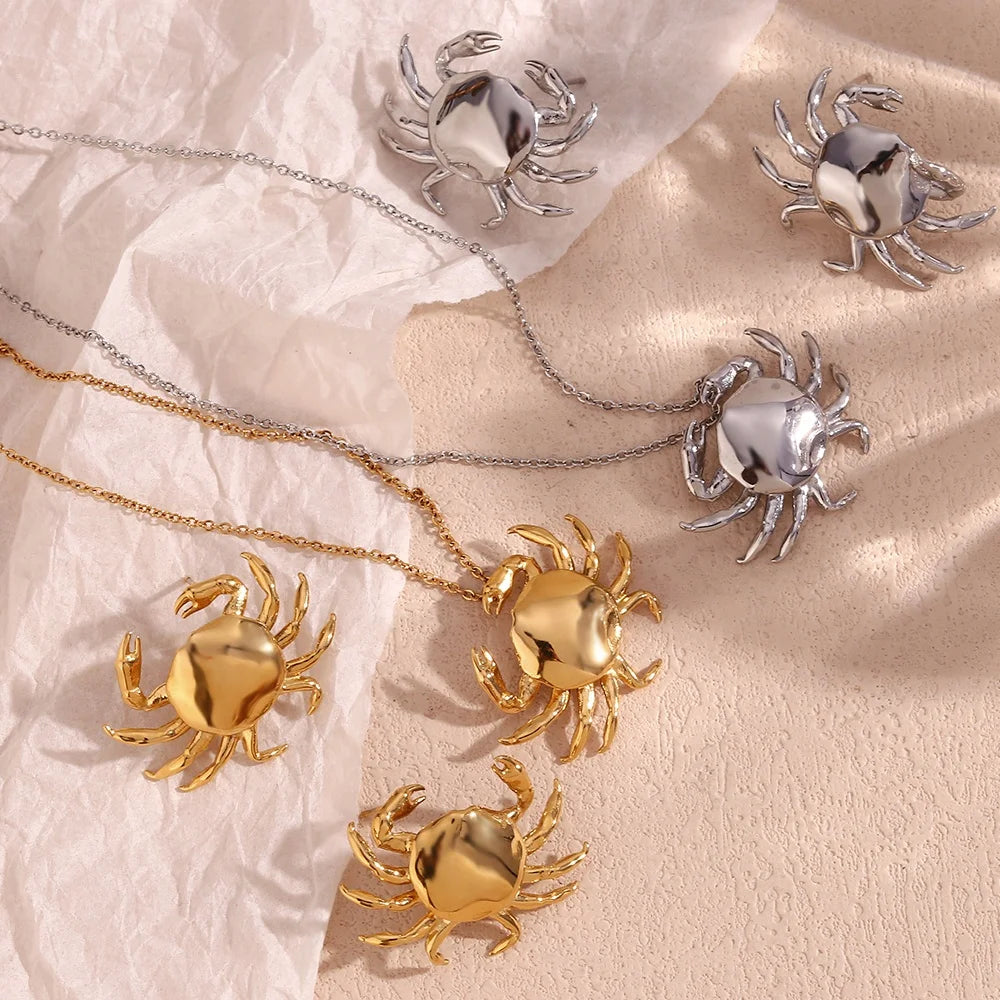 Dreamshow PVD Gold Plated Jewelry Crab Pendant Necklace and Earrings Set Stainless Steel Jewelry