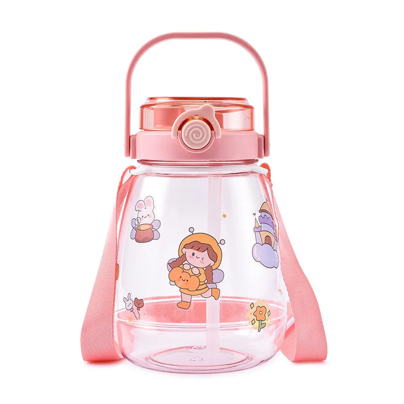 Drink Bottle Custom Frosted Transparent Cute Cartoon Print Big Belly 1500ML Plastic Water Bottles With Straw and Rope for Girls