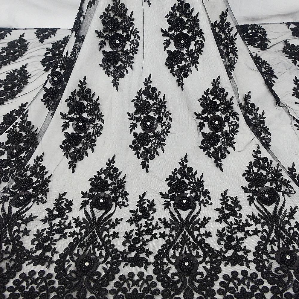 HY2052 Top Beautiful Black 3d Flower Crystal Stones Lace Fabrics With French Sequins Lace Fabrics for Beaded Wedding Dress