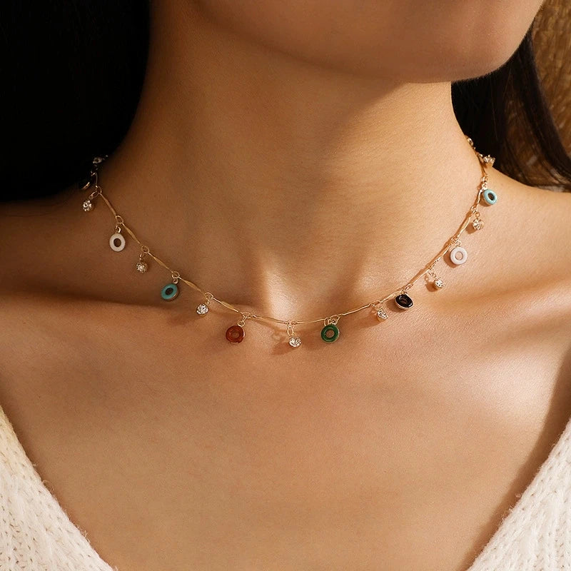Colorful Donut Candy Drip Glaze Gold Plated Rhinestone Tassel Clavicle Necklace for Women's Wedding Engagement