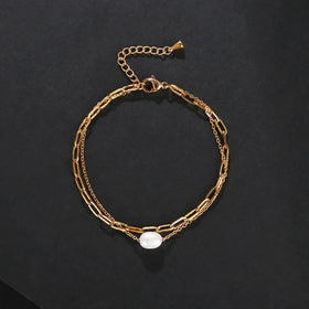 18k Gold Paperclip Chain Women's Fashion Accessories Double Layer Jewelry Stainless Steel Freshwater Pearls Charm Bracelets
