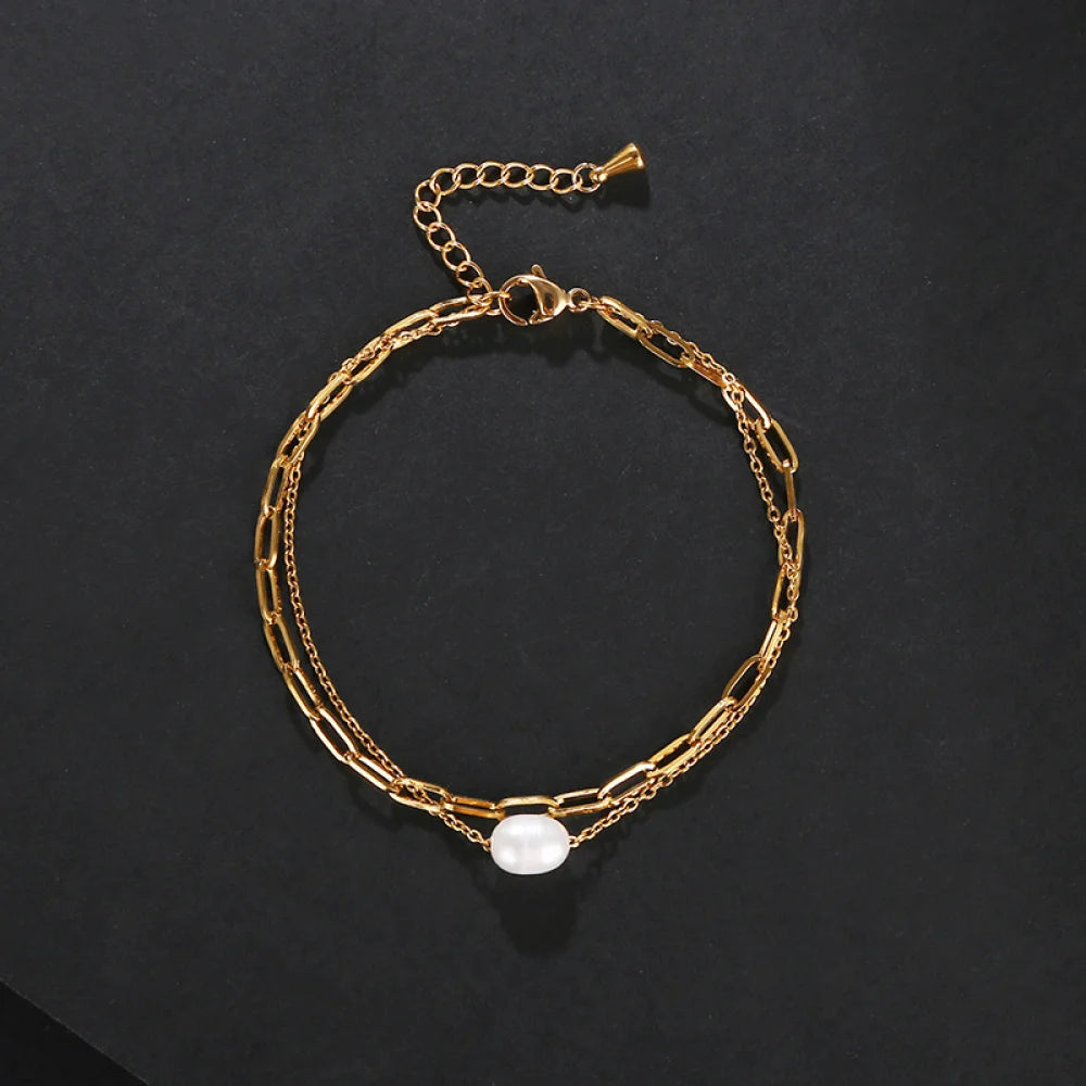 18k Gold Paperclip Chain Women's Fashion Accessories Double Layer Jewelry Stainless Steel Freshwater Pearls Charm Bracelets