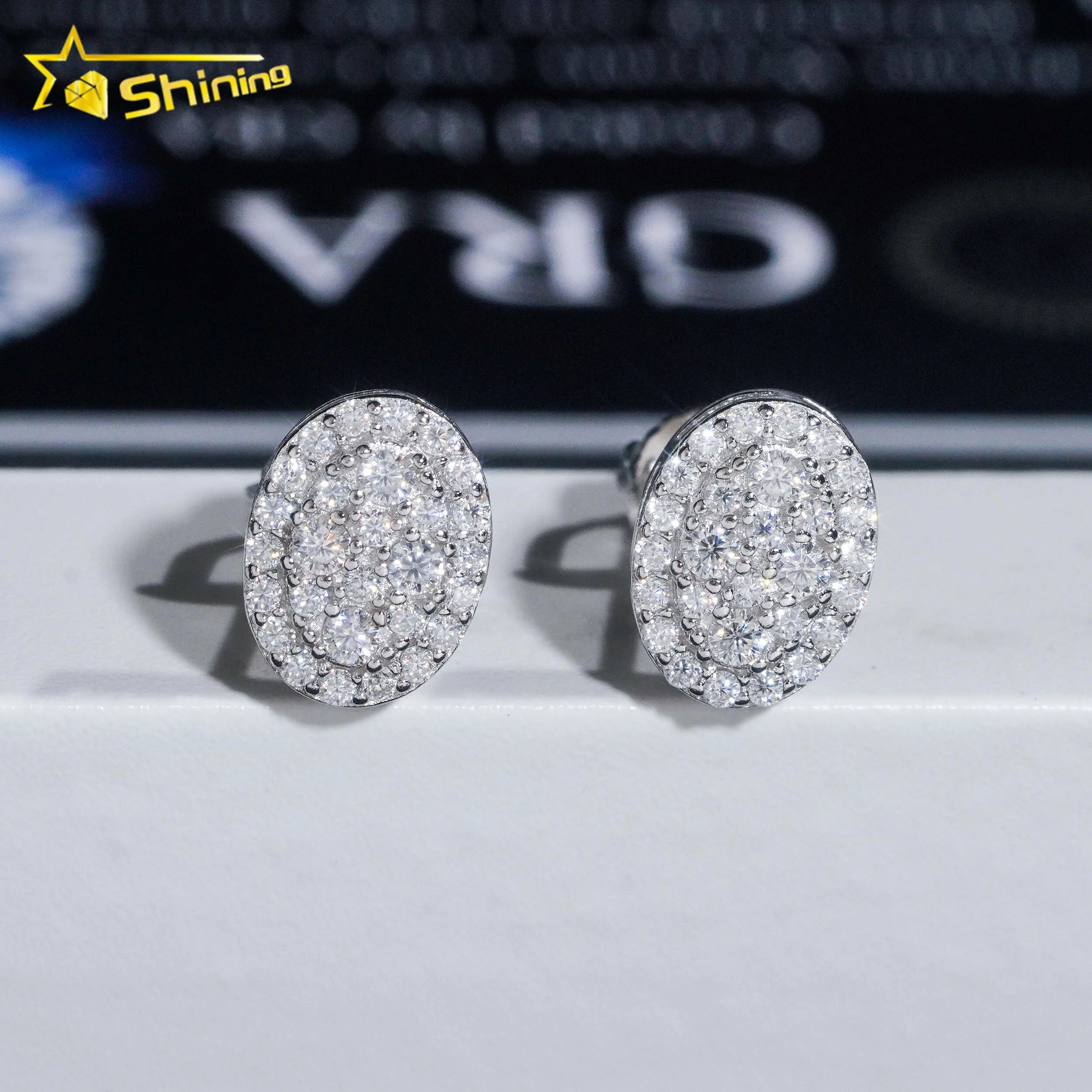 Fine Jewelry Iced Out Oval Shape Hip Hop Pass Diamond Tester 925 Sterling Silver Moissanite Stud Earrings