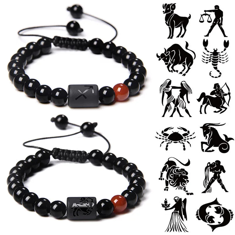G1213 Adjustable Braided Rope 12 Horoscope Zodiac Sign Beads Couples Jewelry Bracelets Black Glossy Stone Charm Bracelet