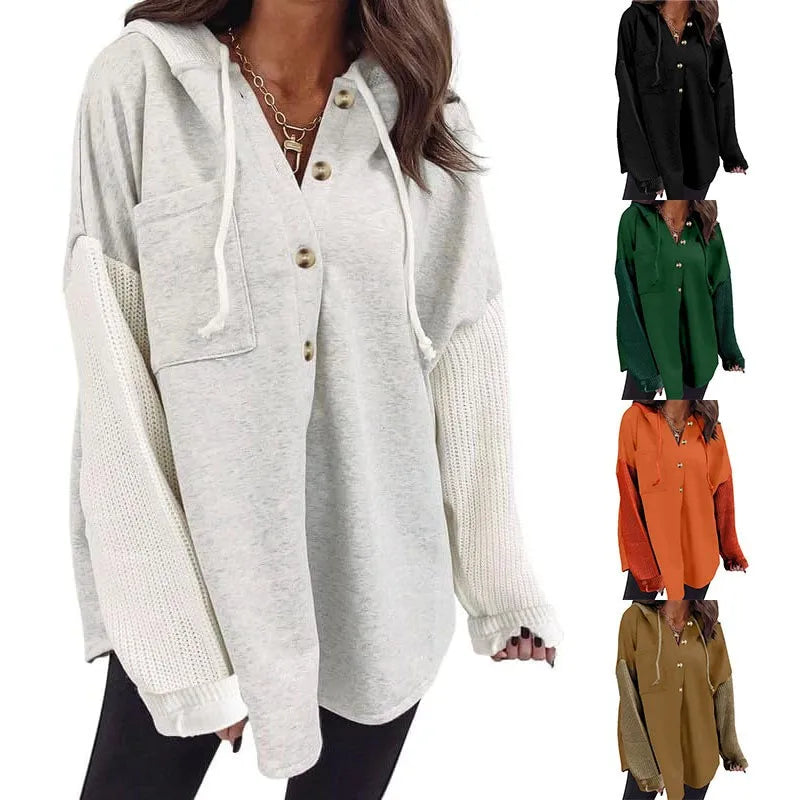Shewin Women's 2025 Fall Winter Oversized Knitted Hoodie Sweatshirt Casual Long Sleeves Button Patchwork Design Custom Fabric