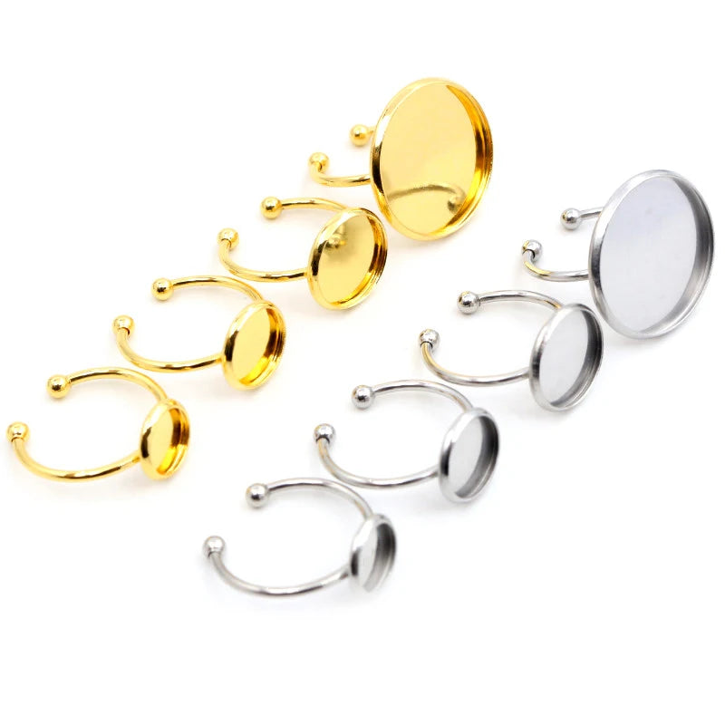 10pcs 8/10/12//14/16/18/20mm Stainless Steel Gold Plated Adjustable Ring Settings Blank BaseFit 8-25mm Glass Cabochons Bezels