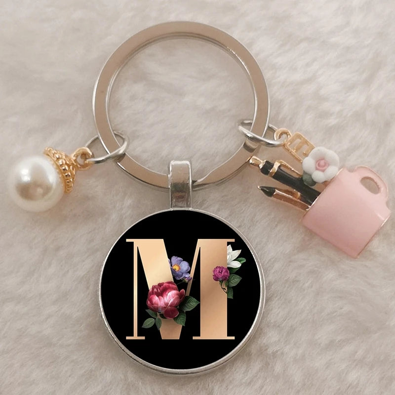 Manufacturer Teachers' Day Personalized Initial Letter ID Keychain Custom Logo Monogram Glass Cabochon Birthday Gift Key Chain