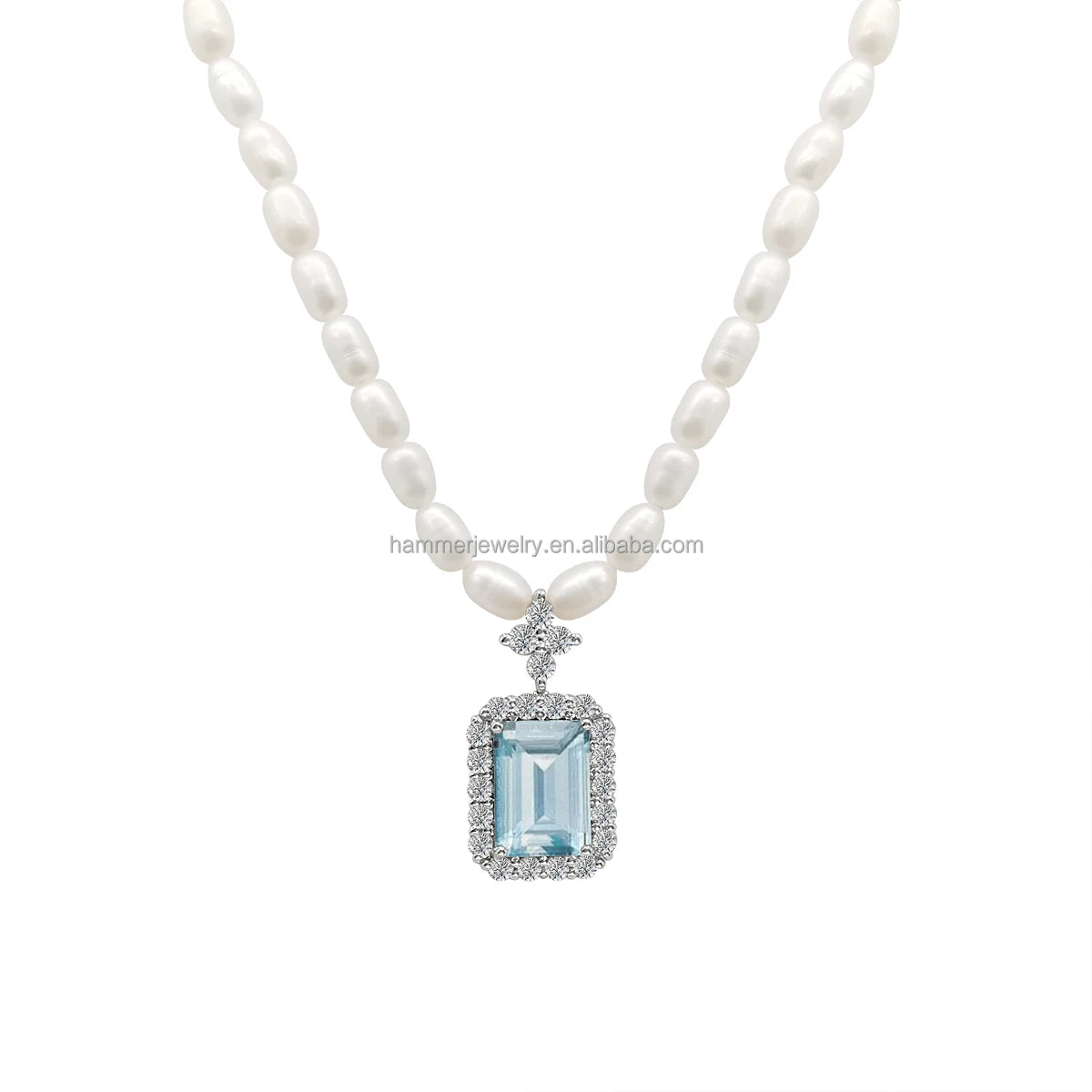 Luxury 18k Real Gold Diamond and Emerald Shape Aquamarine Pendant With Rice Pearls Necklace Charm Fine Jewelry Choker
