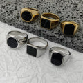 Minimalist Jewelry 18K Gold Silver Stainless Steel Round Signet Ring with Chic Black Gemstone Inlays for Men Women MRD020