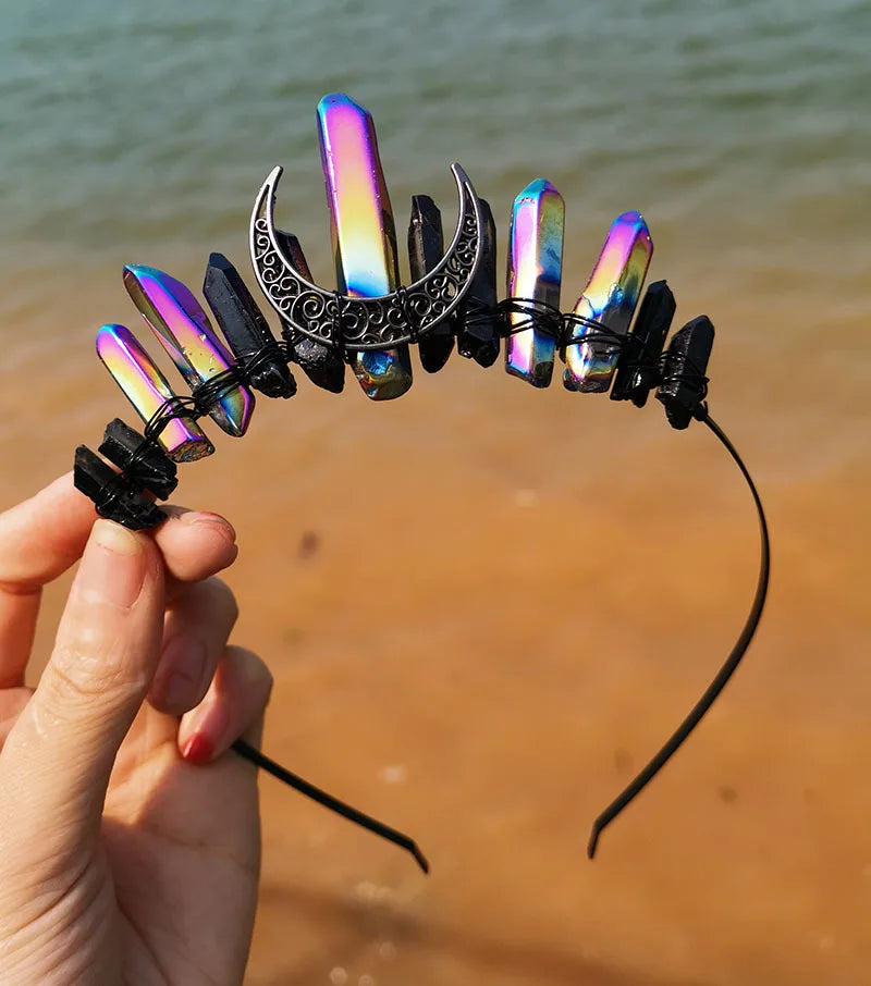 HZ Good Wholesale Witch Moon Accessories Electroplating Colorful Black Gold Crystal Crown Handmade Bridal Hair Band Hair Accessory