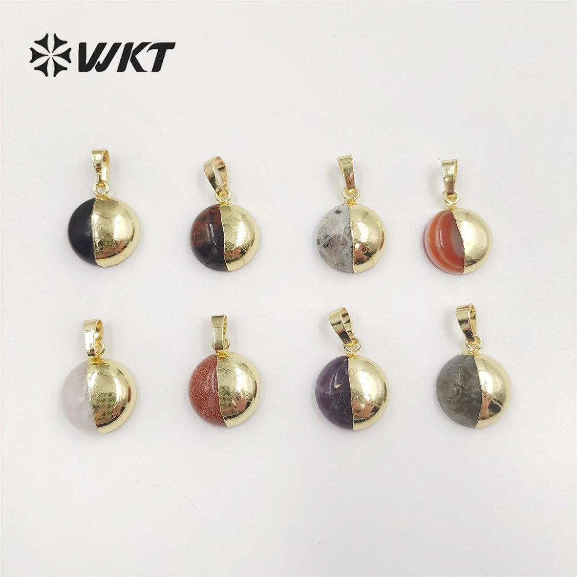 WT-P1833 Fashion Gold Plated Half Face Round Stone Charms Women Lovely Natural Gemstone 14mm Birthday Stone Pendants