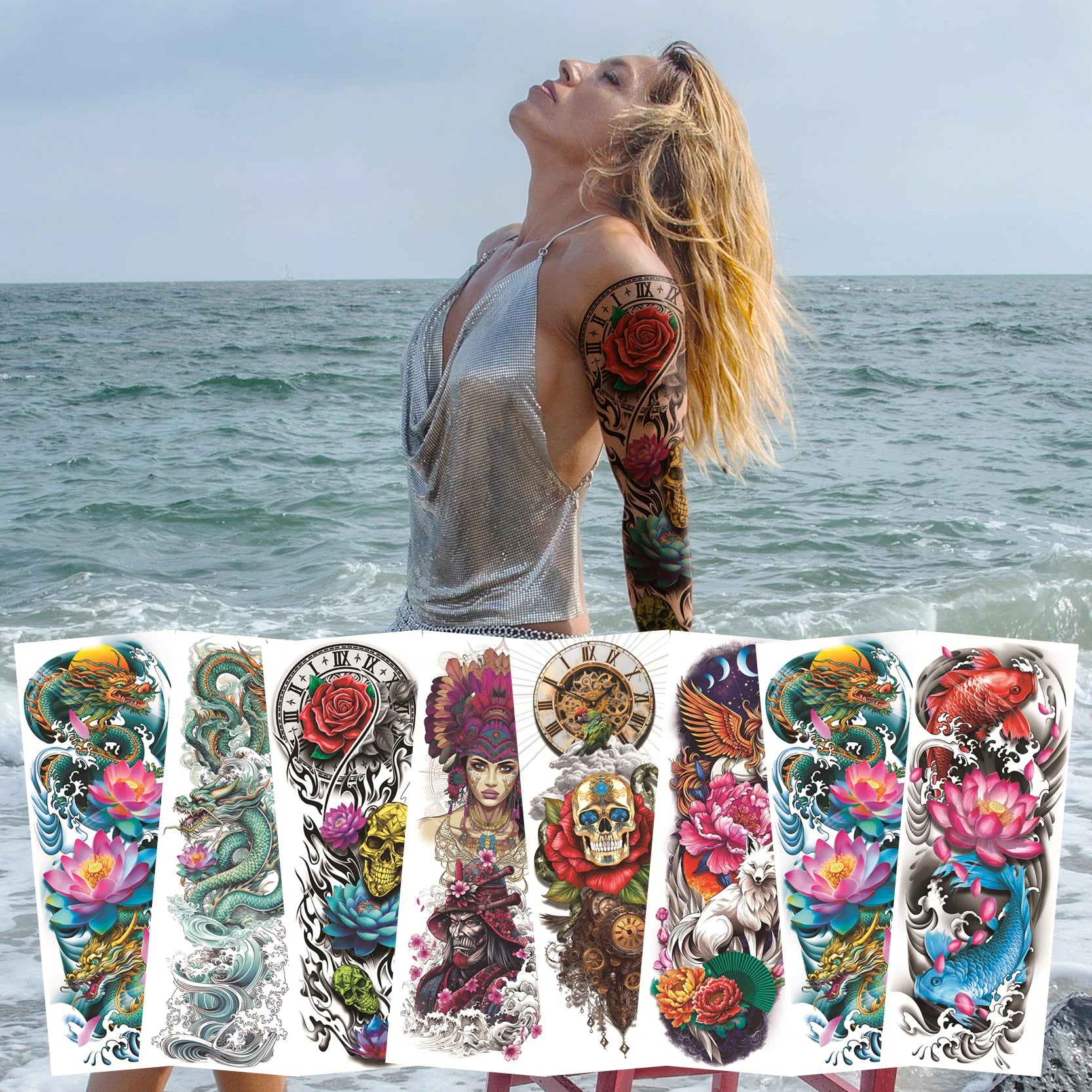Dazzling Black White Buddha Temporary Tattoo New Style Full Arm Waterproof Sweat-Simulation Series Customizable Tattoo Stickers