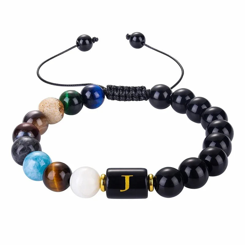 Natural Stone Crystal Beads Bracelet 26 English Letter Bracelet Woven Natural 8 Planets Black Agate Stone  Bracelet