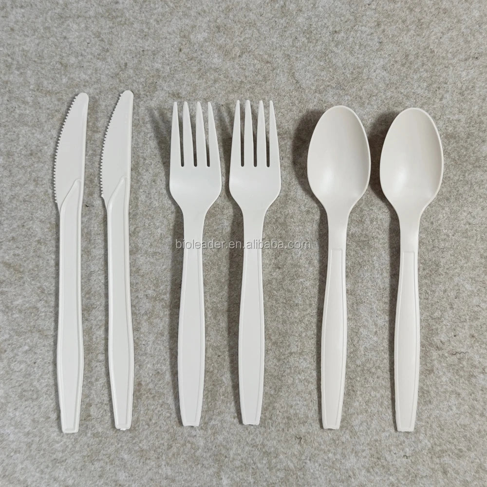 BPI Certified Biodegradable Disposable Cornstarch Plastic Cutlery Set White Model BGC02 Back to School