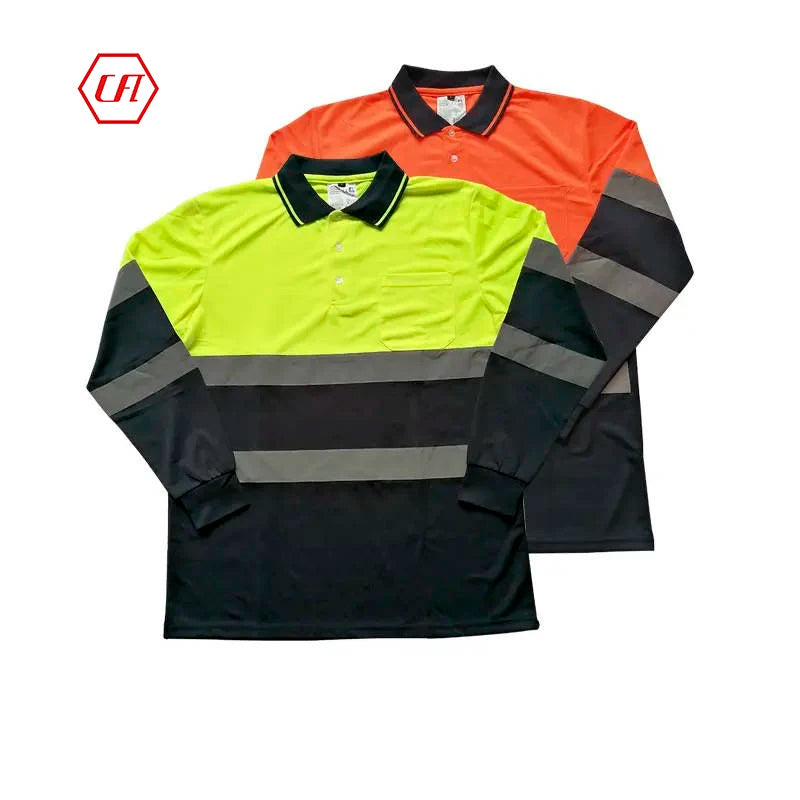 Hi-vis Long Sleeve Moisture Wicking Collared Safety Work Polo Shirts With 5CM High Reflective Tape