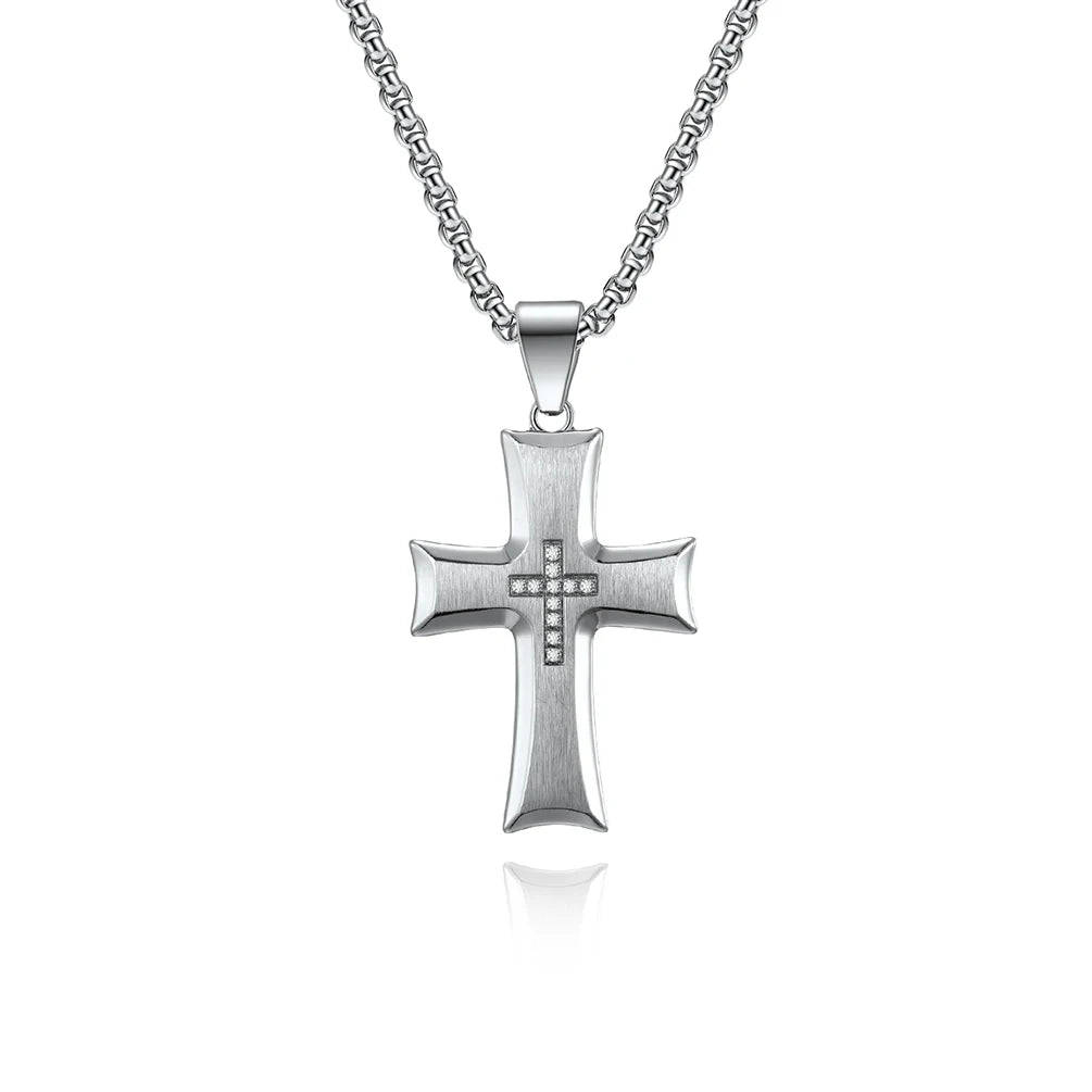Alin Summer's New Men's Stainless Steel Necklace Street Fashion Simple Cross Zircon Pendant Classic for Hundred Models Children
