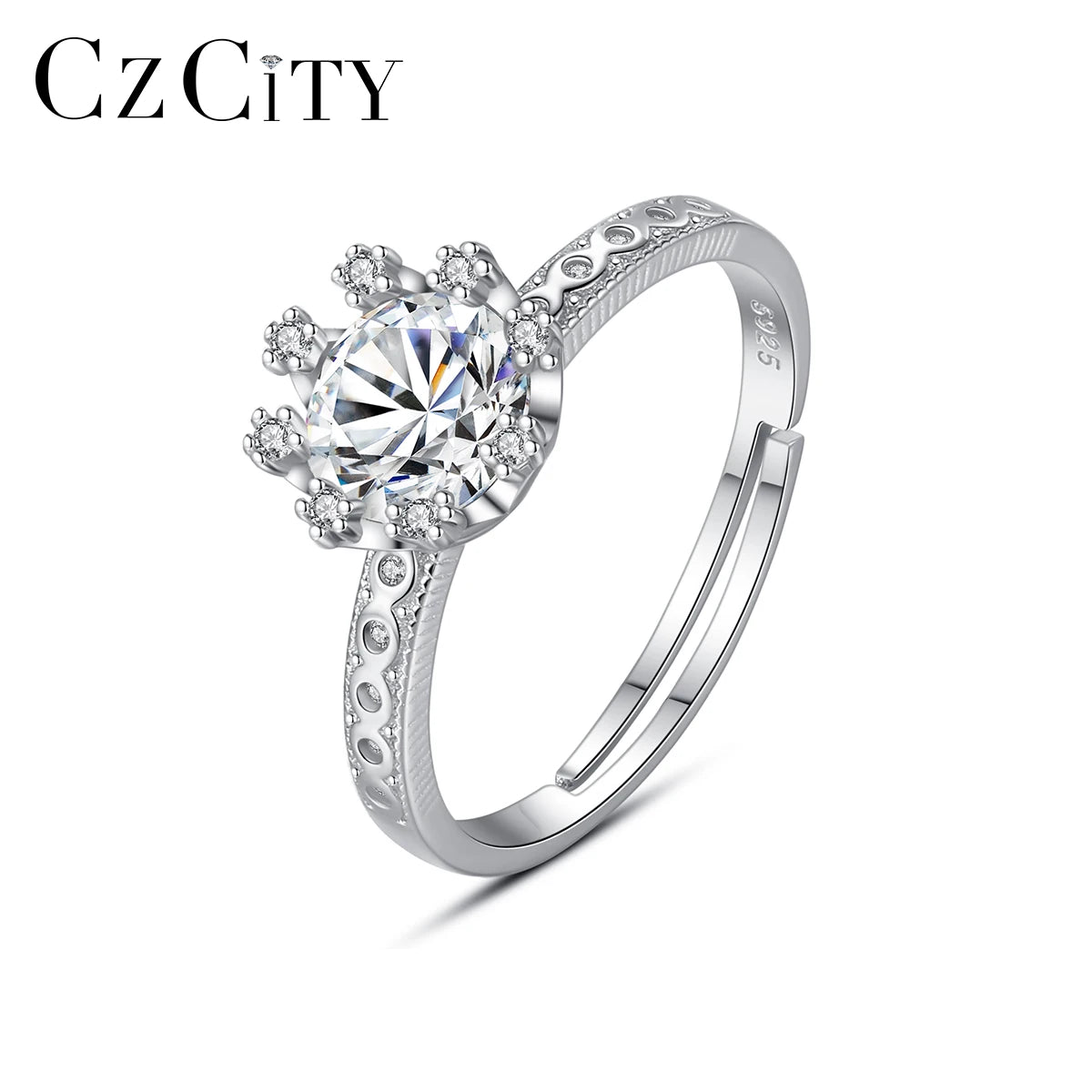 CZCITY Woman Finger Diamond Eternity Opening Adjustment Open Sterling Silver Moissanite Engagement Ring