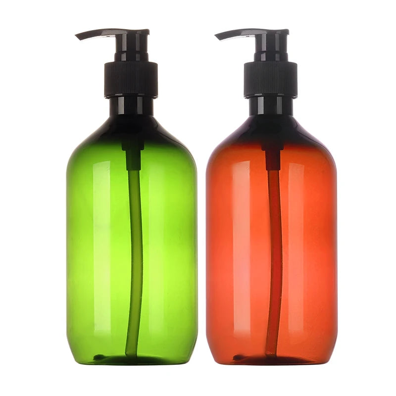 Wholesale PET Plastic Lotion Pump Bottle Amber Green 300ml 500ml Capacity Shampoo Hand Sanitizer Packaging Screen Printing