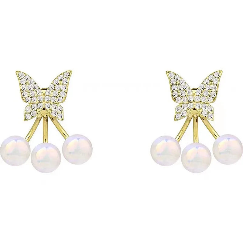 2022 Trendy Light Luxury Back Hanging Pearl Earrings 925 Silver Needle Two Wearing Pearl Butterfly Earrings For Women