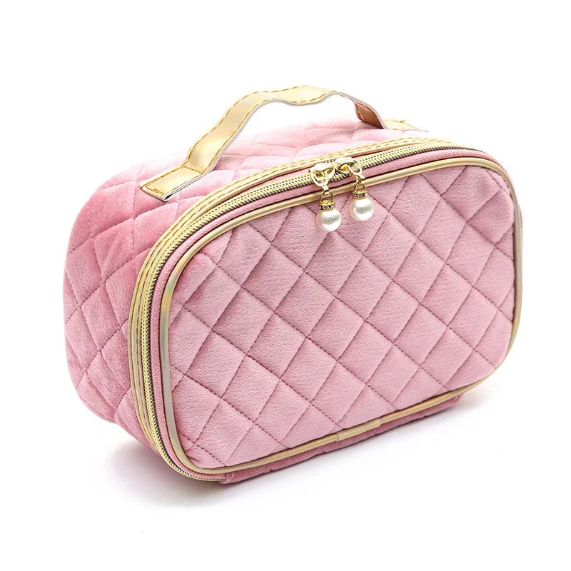 2024 Personalised Ladies for Pink Makeup Bag Large Capacity Polyester Quilted Velvet Fabric with Zipper for Cosmetic Travel