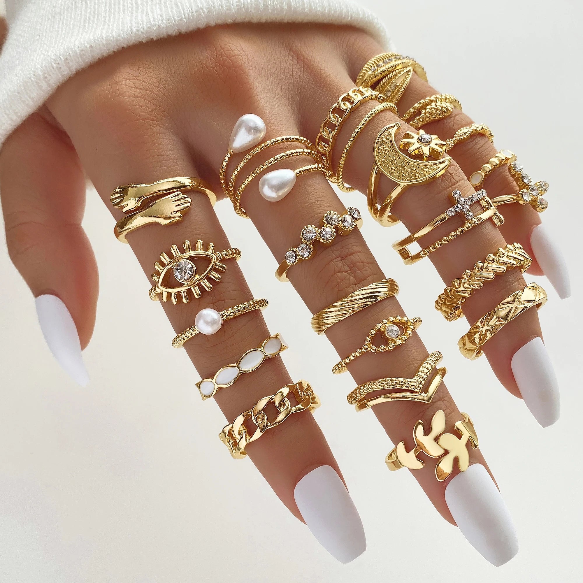 VKME New Fashion Pearl Hug Ring Gold Plated Star Moon Ring Set for Women Jewelry