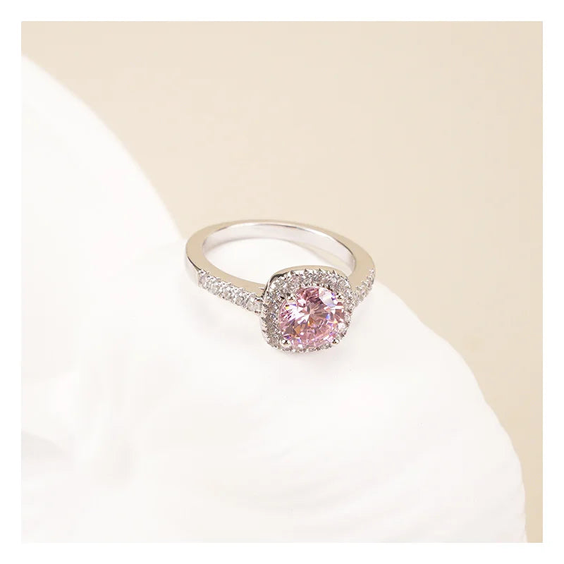 S925 Sterling Silver Luxury Ring Earrings and Necklace Set for Women Pink Crystal for Wedding Party Anniversary