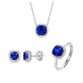 925 Sterling Silver Lab-Created Blue Sapphire Engagement Anniversary Jewelry Sets CZ Diamond Halo Pendant Necklace Earrings