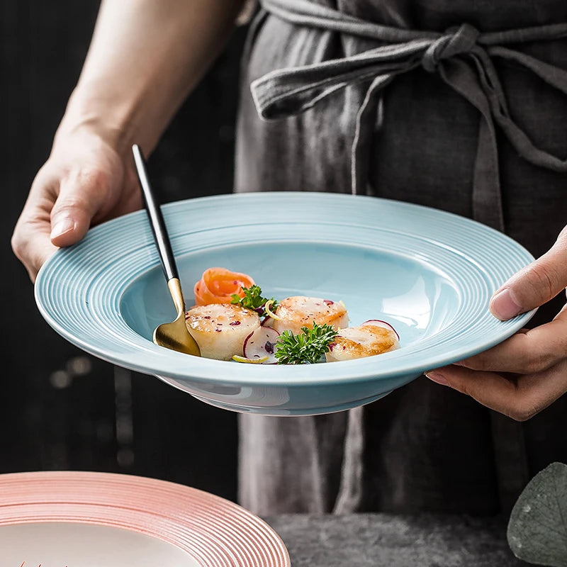Customized Eco-Friendly Luxury Dinnerware Set Food Grade Matte White Black Pasta Soup Plate Wide Deep Ceramic Plate Eco-Friendly