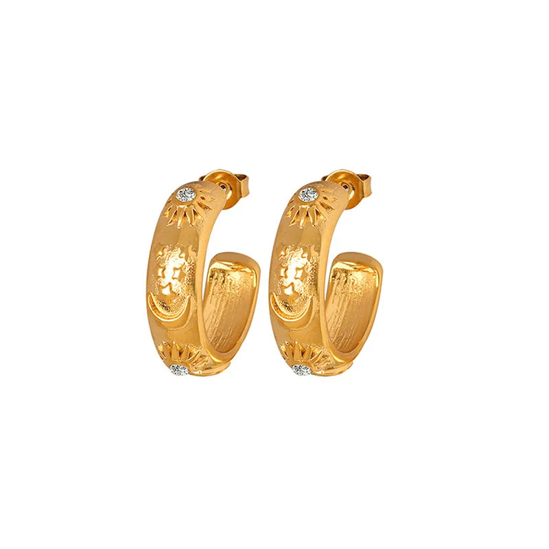 Hypoallergenic Stainless Steel Women's Big Hoop Earrings Gold Plated Trendy Party Vintage Moon and Star Design Cubic Zirconia