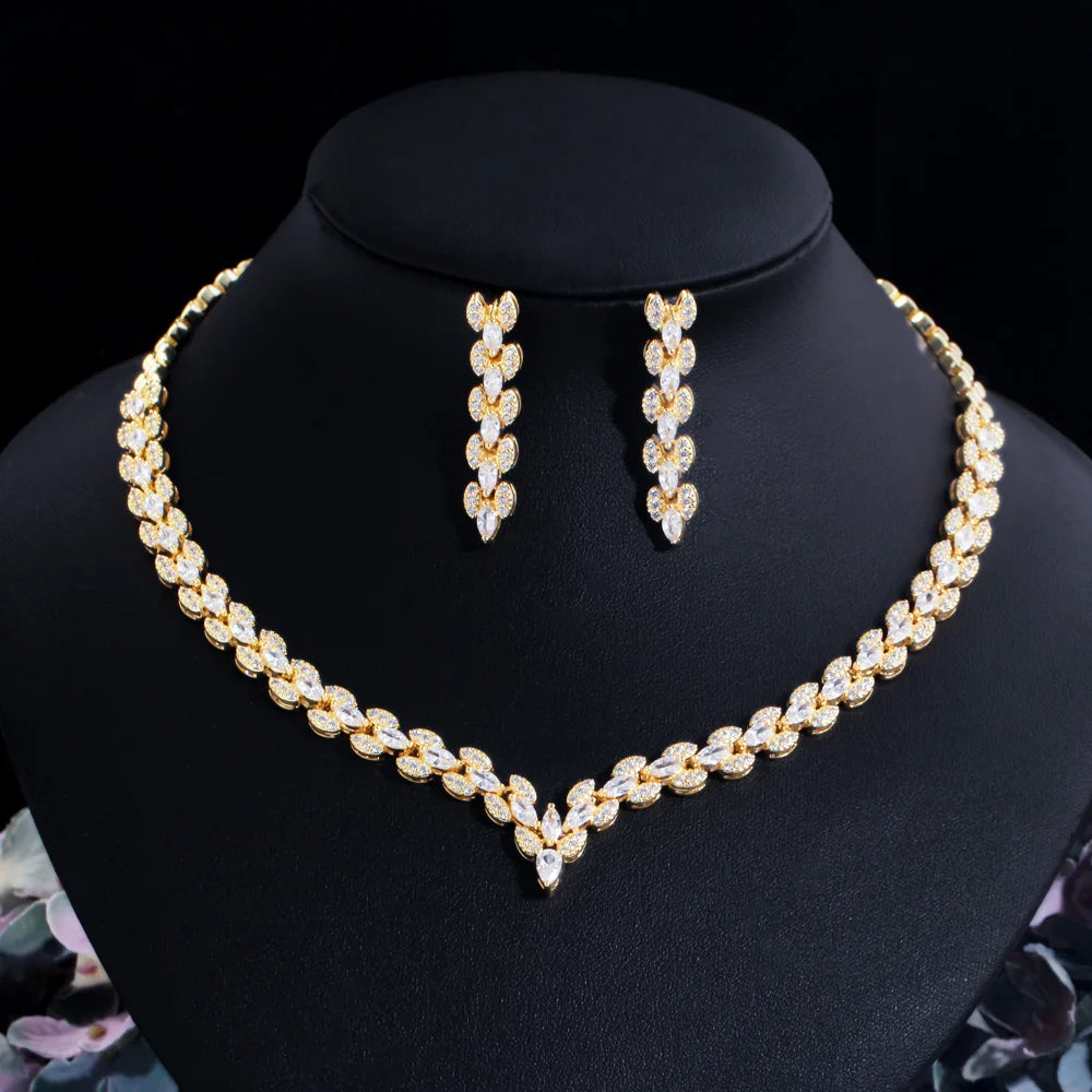 Elegant Marquise Cut Leaf Cubic Zirconia Women Wedding Collection Jewelry Set 18k Gold Plated Bridal Necklace Accessories