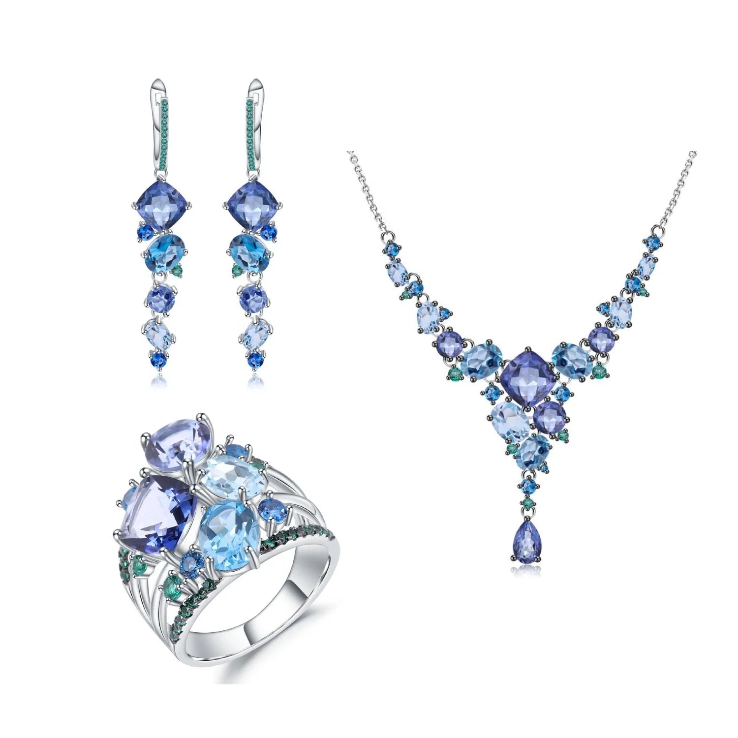C7745 Abiding Fine Jewelry High End Luxury Cluster Blue Topaz Mystic Quartz Gemstone 925 Silver Jewelry Set for Dinner Party
