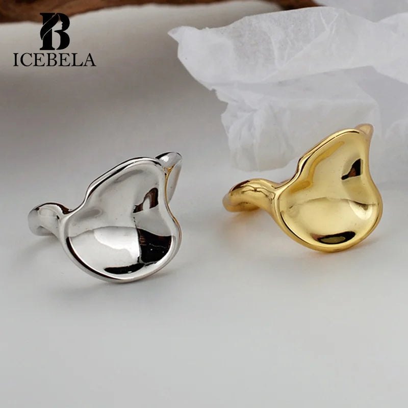 ICEBELA Jewelry Korean Textured Irregular Leaf-shape Ring 18K Gold Plated Irregular Leaf Wide Open 925 Silver Ring