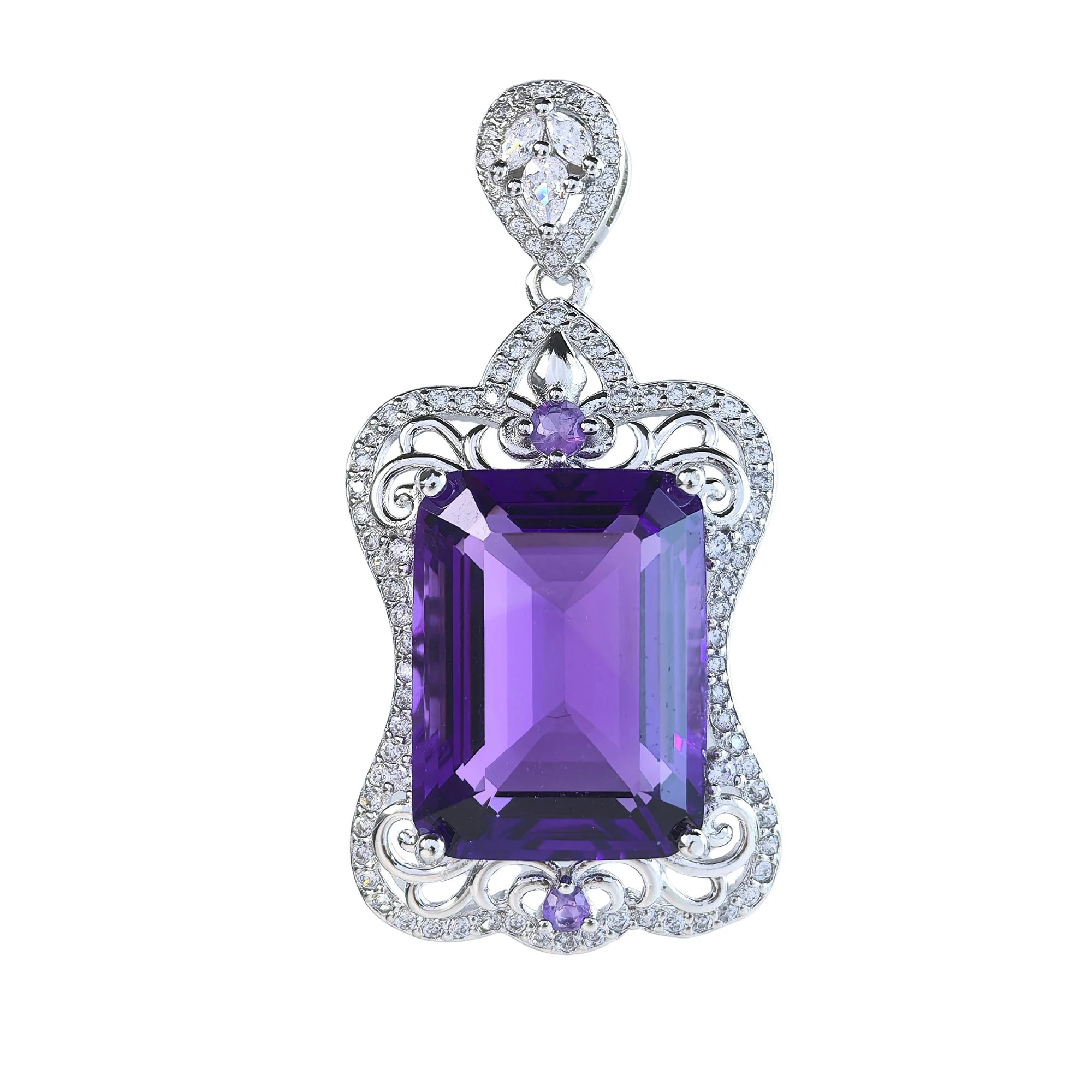 Factory Wholesale Rhodium Plated 925 Sterling Silver Emerald Cut Amethyst Pendant with Claw Setting Trendy for Women Party Wear