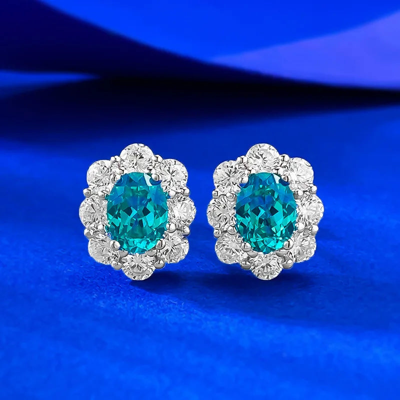925 Sterling Silver Flower Style 6*8mm Paraiba Bezel Zircon Stud Earrings