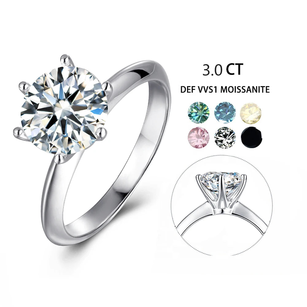 M03I Abiding Classic 6 Prong Setting 925 Sterling Silver Colored Moissanite Diamond Ring 3CT S925 Silver Colorful Women Ring