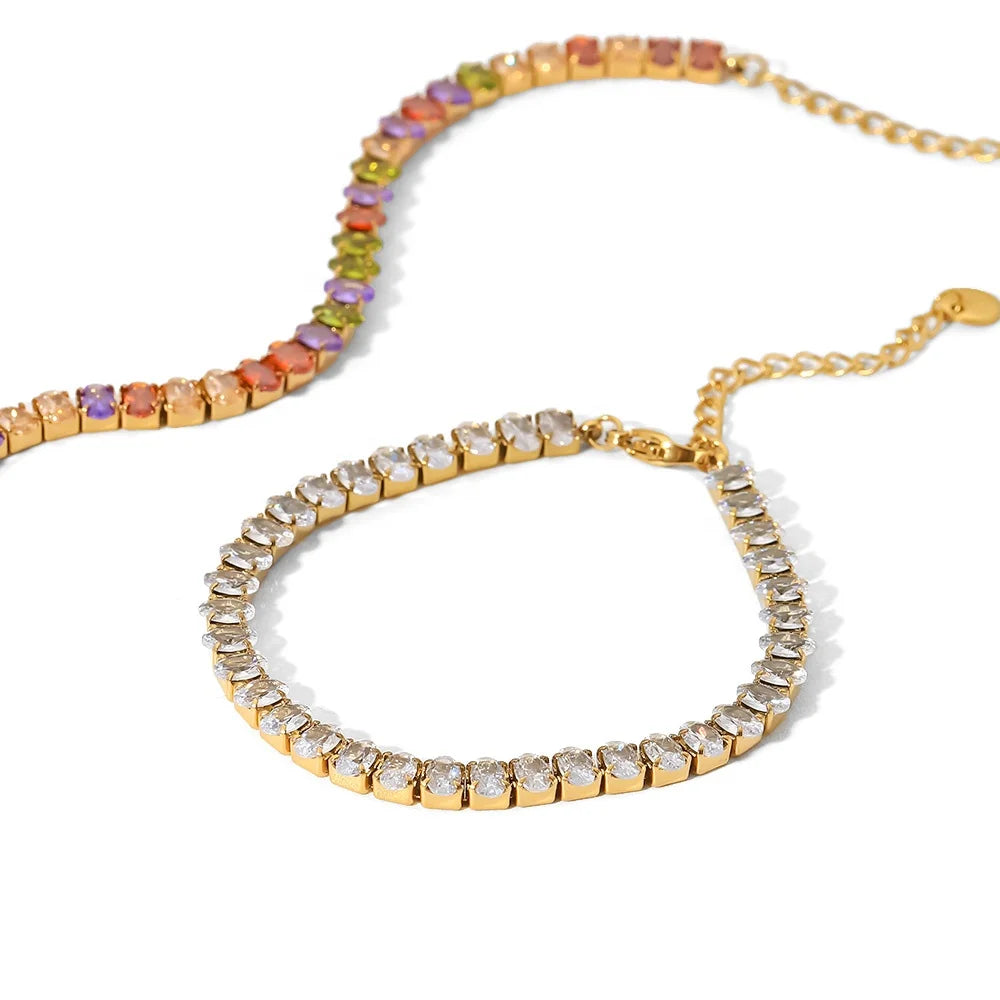 18k Gold Plated Multi Colors Round Shape Cubic Zirconia Stainless Steel Dainty  Bracelets